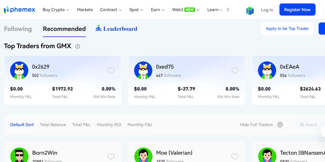 Crypto copy trading strategy choices on Phemex crypto exchange
