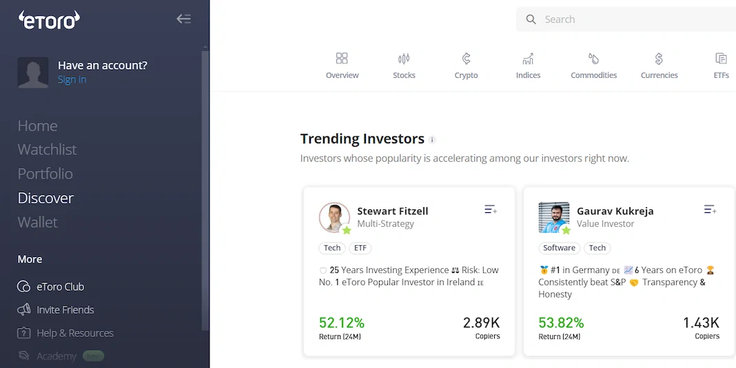 eToro crypto copy trading platform