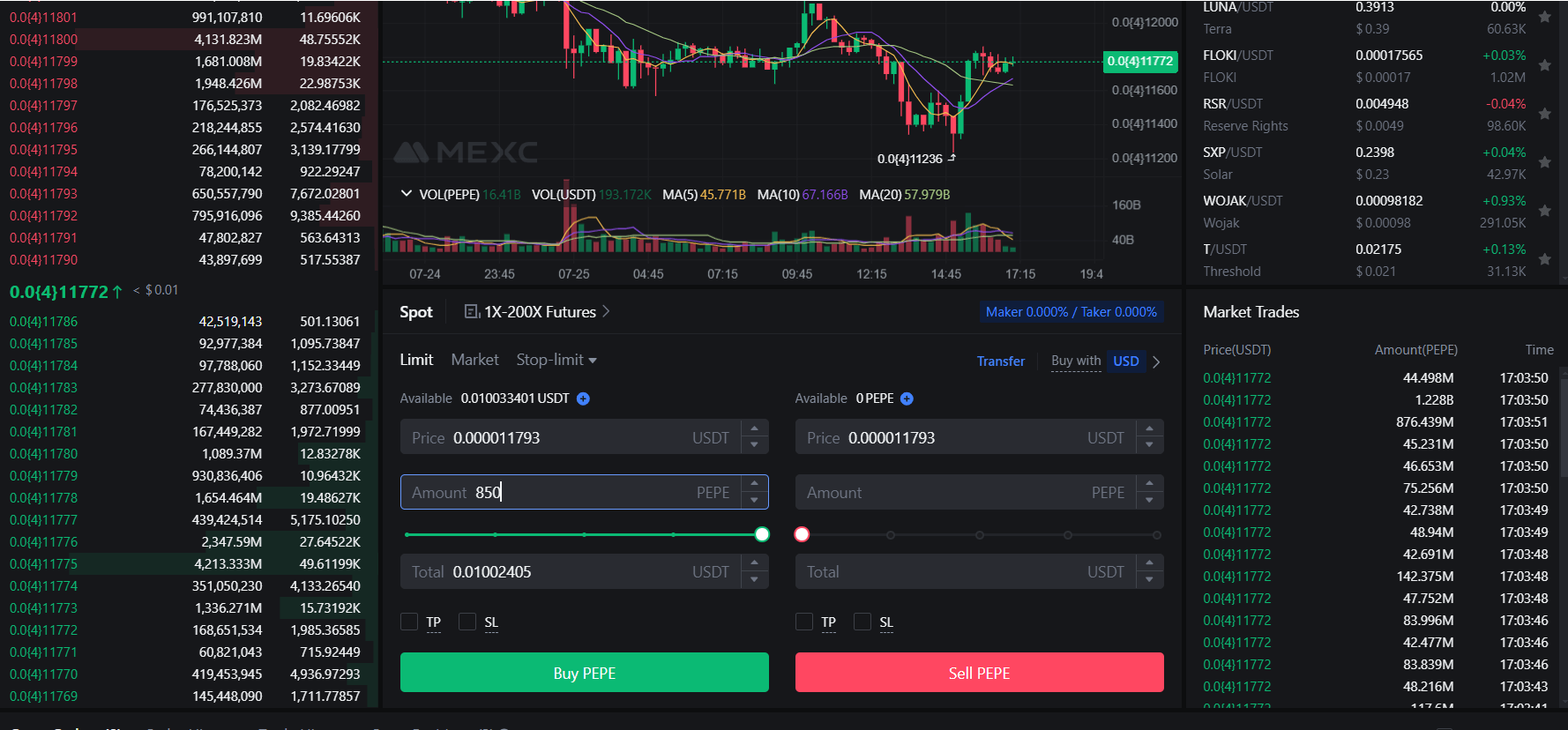 Placing buy order on MEXC