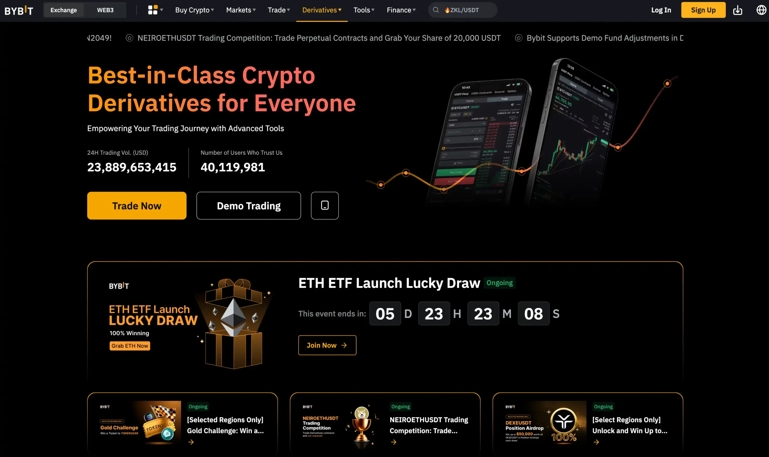 Landing page of crypto futures and derivatives on Bybit
