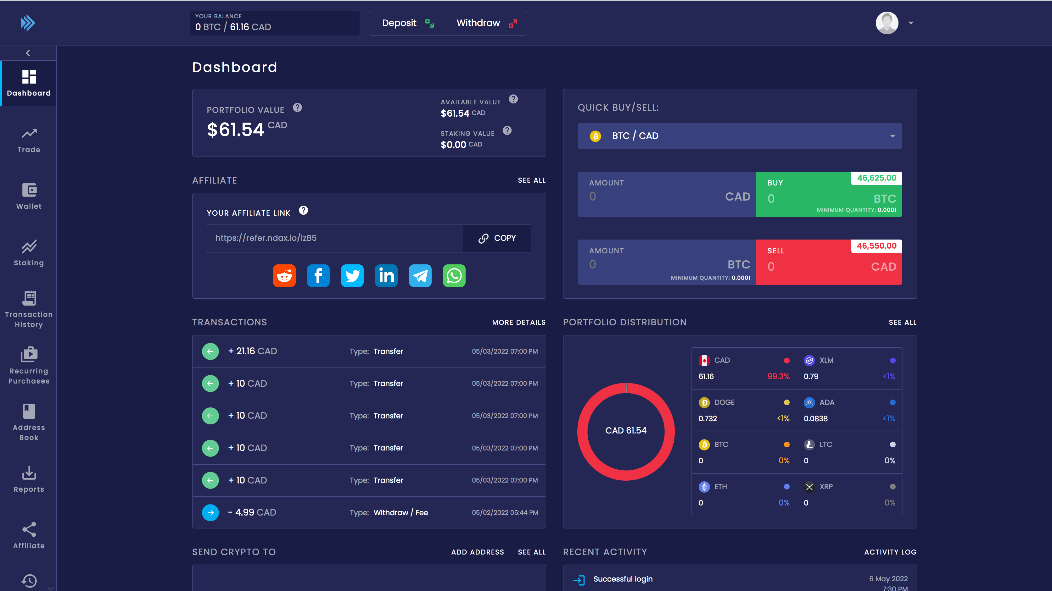NDAX UI dark mode